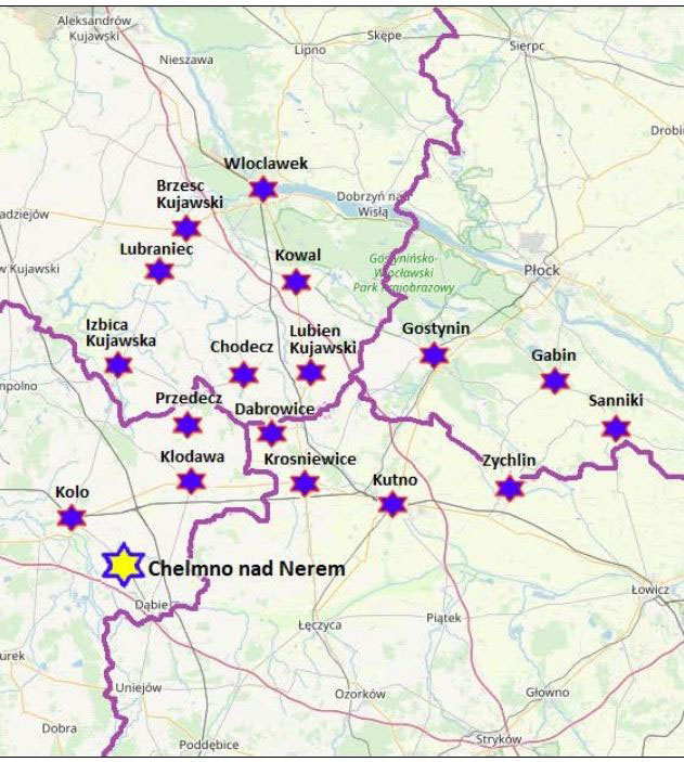 Map of central Poland indicating key towns for the ADJCP.